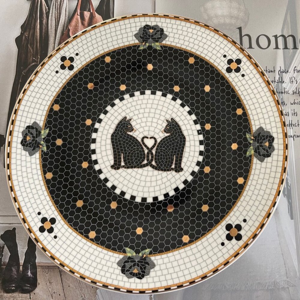 Two ANTHROPOLOGIE Black Cat & Roses Bistro Tile Dessert Plates: New w/o Box!!